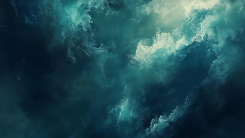Abstract swirling teal clouds digital painting with dramatic lighting.