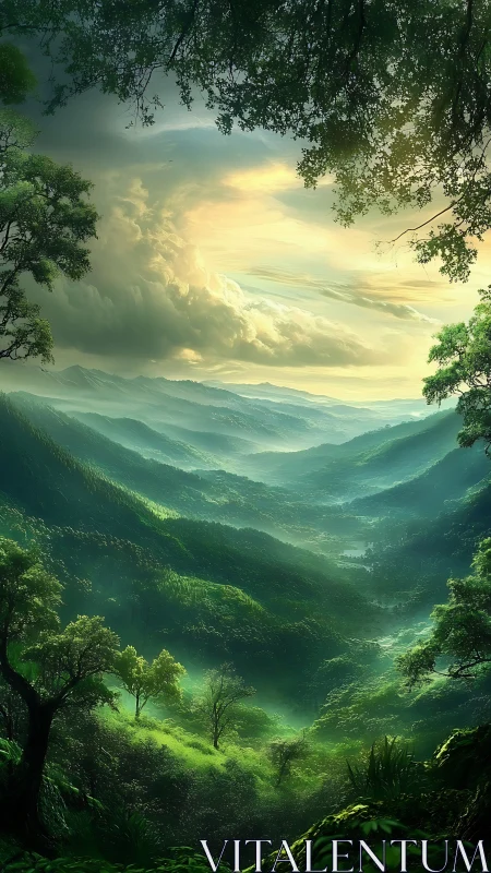 Mountain Valley Dawn: Layered Landscape with Golden Sky and Verdant Peaks.