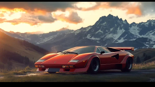 Red retro supercar at sunset in alpine mountain pass.