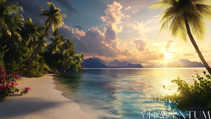 Tropical lagoon sunset composition with volumetric cloud rendering and atmospheric perspective