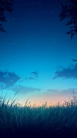 Twilight meadow horizon in minimalist anime landscape composition.