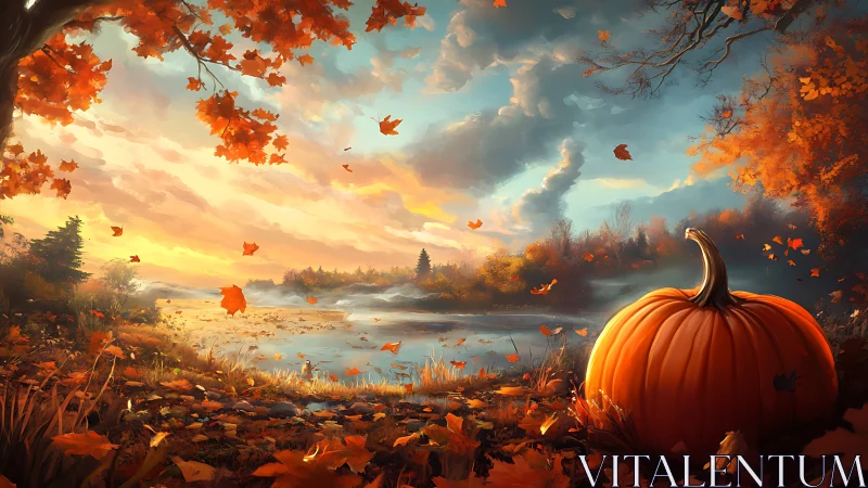 Autumn lakeside panorama with foreground pumpkin and airborne leaves