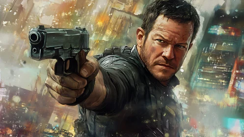 Battle-hardened operative aims pistol in neon-slick cityscape.