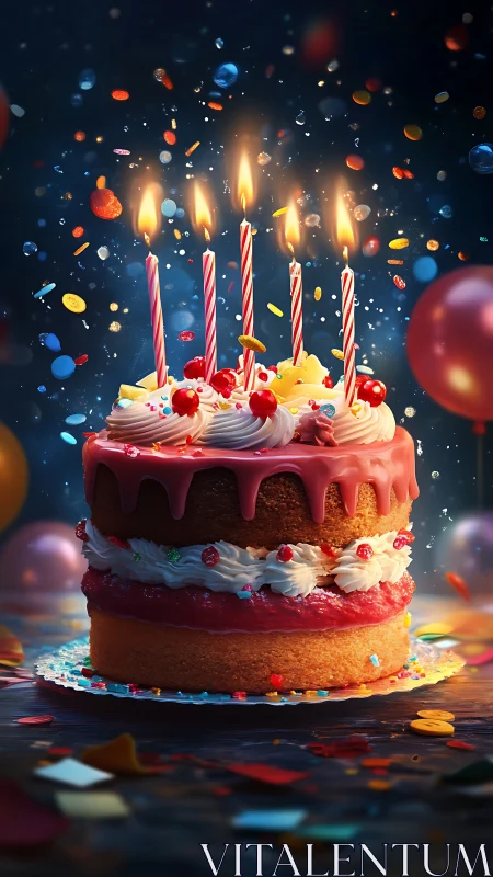 Magical Birthday Cake with Illuminated Candles in Celebratory Particles