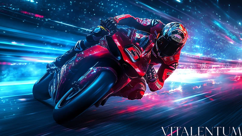 Neon superbike racer cuts through electric night speedway.