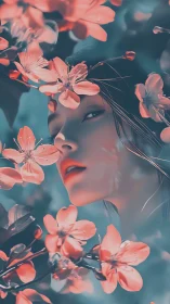 Soft-focus portrait merges ethereal face with cyan-orange flora