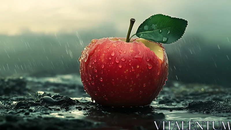 Red apple glistens with raindrops on wet ground in stormy light