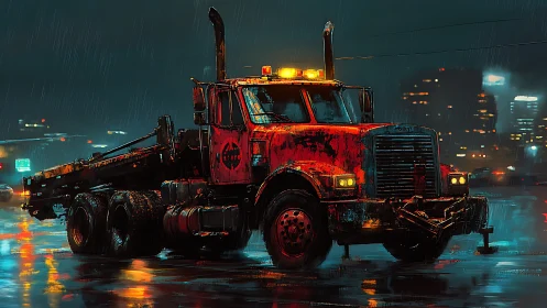 Red semi truck in rainy neon city street at night scene.