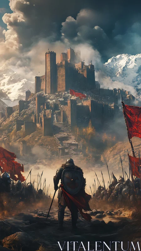 Armored vanguard confronts fortified mountain citadel under storm