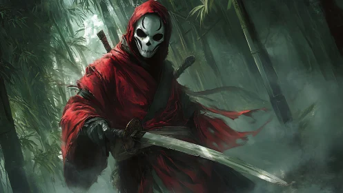 Cloaked skull warrior moves through misty bamboo forest night