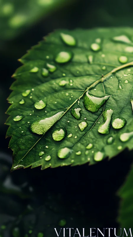Dew jeweled green leaf in high contrast macro focus.