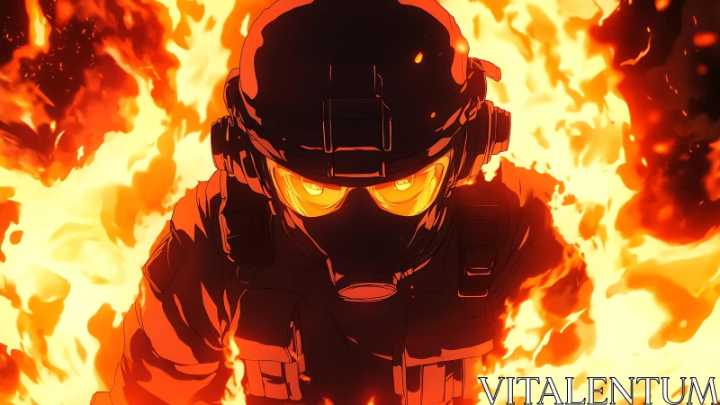 Blazing armored soldier strides forward through roaring flames