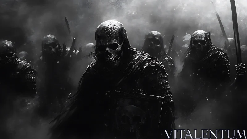 Undead armored warriors advance through dark swirling fog.