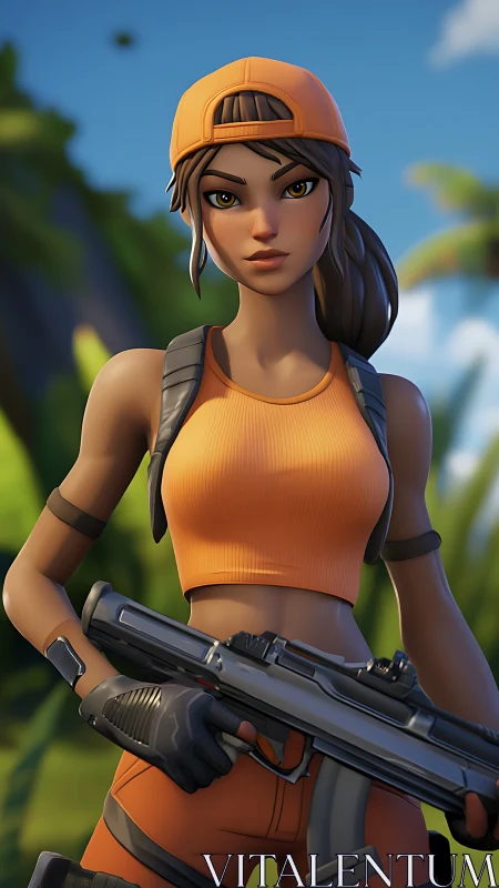 Female game-style soldier stands alert holding compact rifle