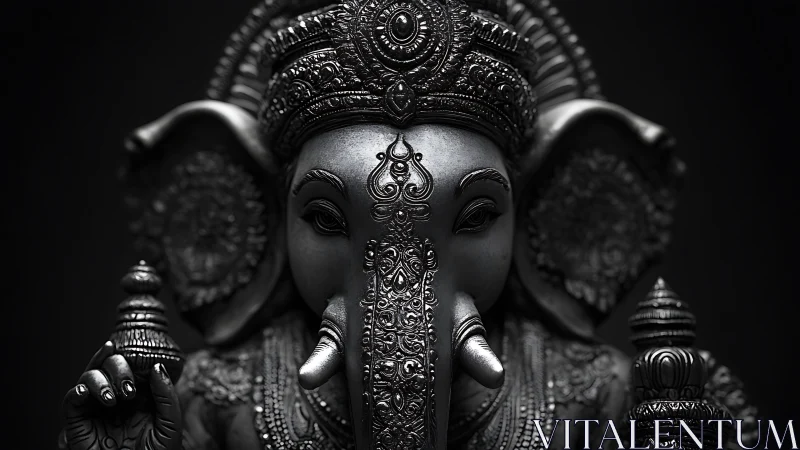 Photorealistic silver Ganesha idol in dramatic chiaroscuro focus.