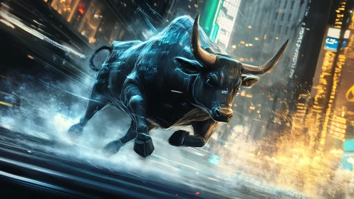 Charging cyber bull surges through neon city streets at night
