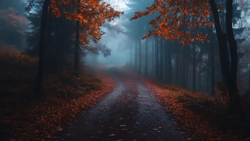 Forest Road with Autumn Foliage and Fog
