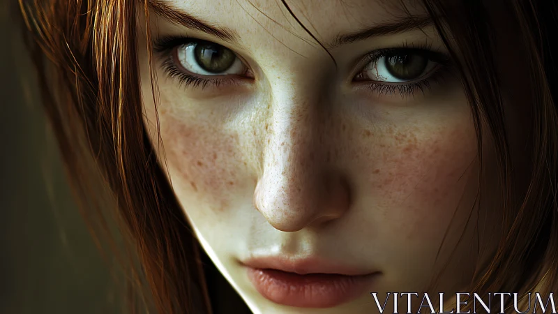 Freckled digital portrait frames intense green-eyed gaze.