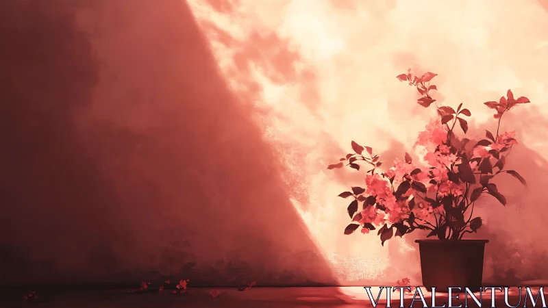 Backlit potted flowers cast dramatic shadows on warm wall