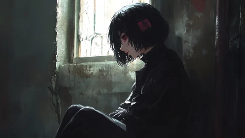 Rain-soaked thoughts curl around the crimson-eyed sitter