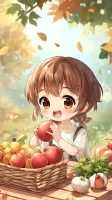 Smiling child enjoys autumn harvest at sunlit garden table.
