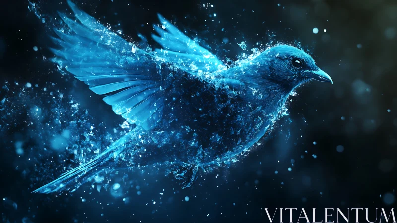 Blue translucent bird dissolving into particulate fragments.