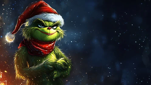 Mischievous green creature in glowing winter night scene.
