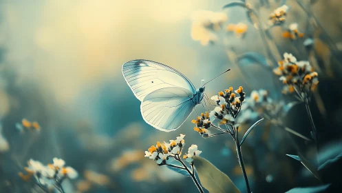 High-key macro of translucent butterfly on wildflower cluster