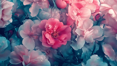 Layered Peony Garden Composition in Soft Pink and Teal Palette.