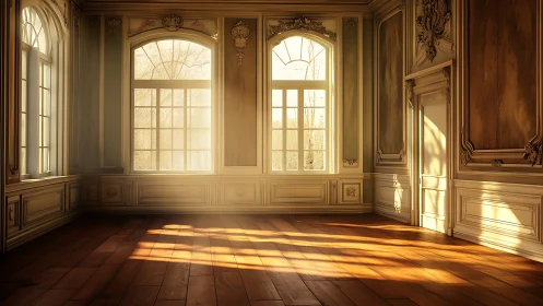 Photorealistic sunlit neoclassical salon with carved wall panels.