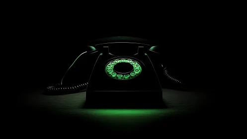 Retro rotary phone glowing green in dramatic darkness.