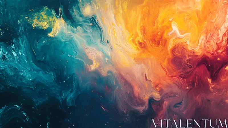 Swirling fluid dynamics of teal and fiery gradient pigments collide