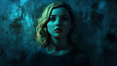 Moody teal portrait of a young woman in dramatic shadow.