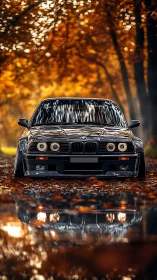 Classic coupe resting in a golden autumn forest lane.