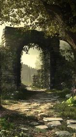 Sunlit ruins quietly invite wanderers through the ivy gate