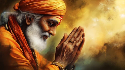 Gentle elder in saffron robes greeting the light in prayer.