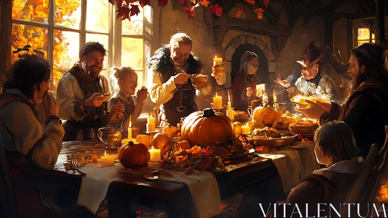 Rustic harvest feast with candles and autumn pumpkins.