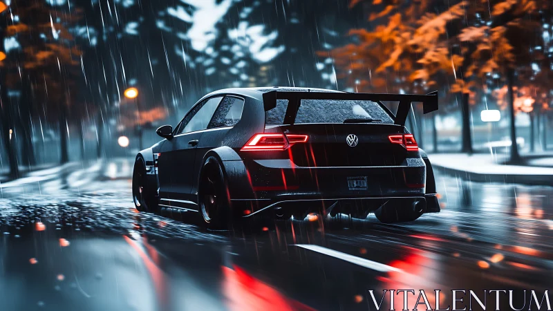 Night rain chase with a sleek tuned hatchback on wet streets.