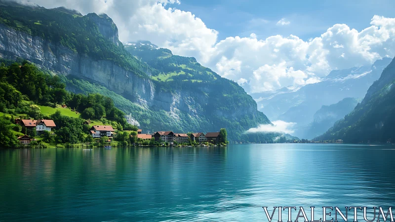 Peaceful lakeside village rests beneath grand green cliffs