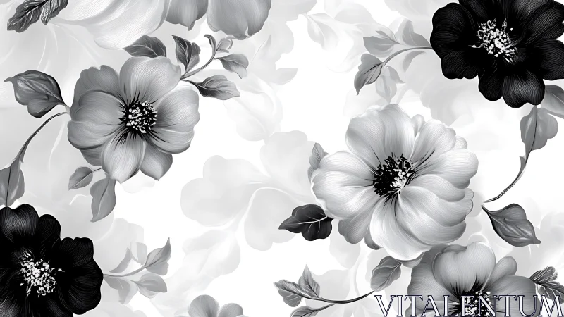 Black and White Floral Pattern. Delicate botanical design.