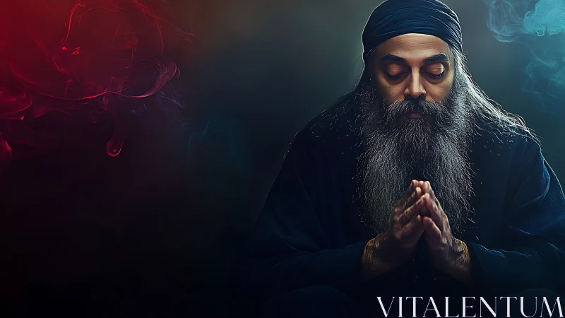 Meditative elder in low-key lighting with chromatic smoke plumes