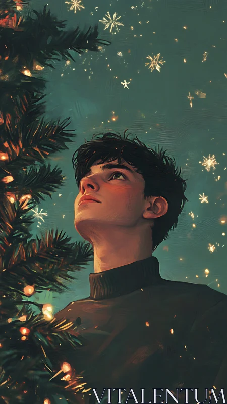 Digital portrait beneath illuminated winter fir branches.