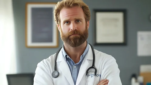 Calm bearded doctor stands poised in a softly lit clinic.