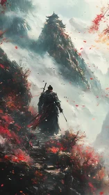 Lone warrior climbing toward a hidden mountain temple.