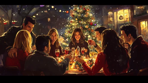 Friends toast around glowing Christmas table under tree