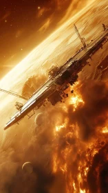 Sunlit space station drifting over a blazing golden world.