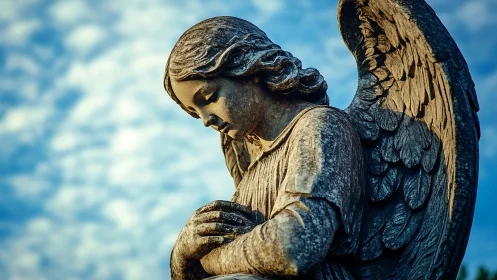 Stone angel sculpture with folded hands under sky.