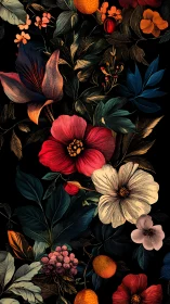 Botanical Illustration with Vibrant Flowers on Black Background.