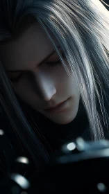 Silver-haired warrior in quiet, introspective close-up portrait.