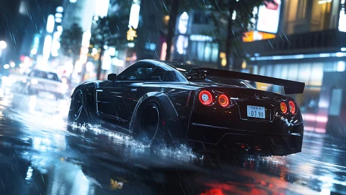 Black sports coupe on wet city street at night in rain.